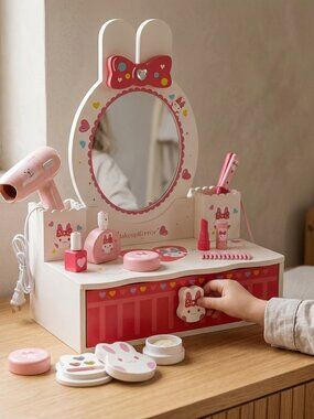 Wooden Rabbit Vanity Set, Kids Montessori Pretend Beauty Toy